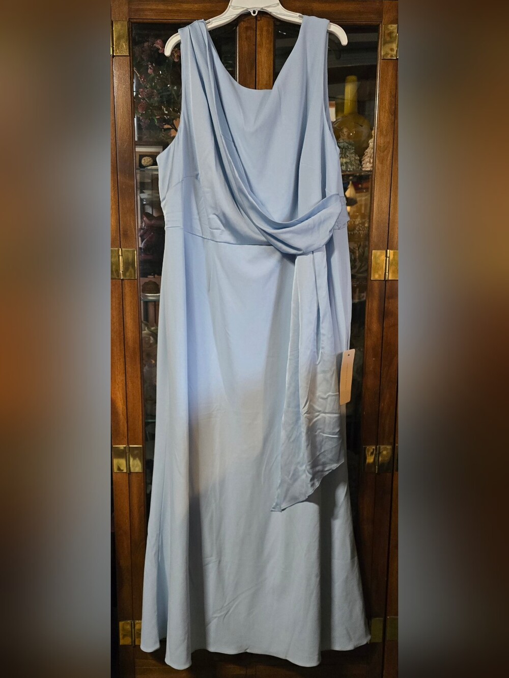 Adrianna Papell Light Blue Crepe Satin Draped Cowl Neck Formal Gown